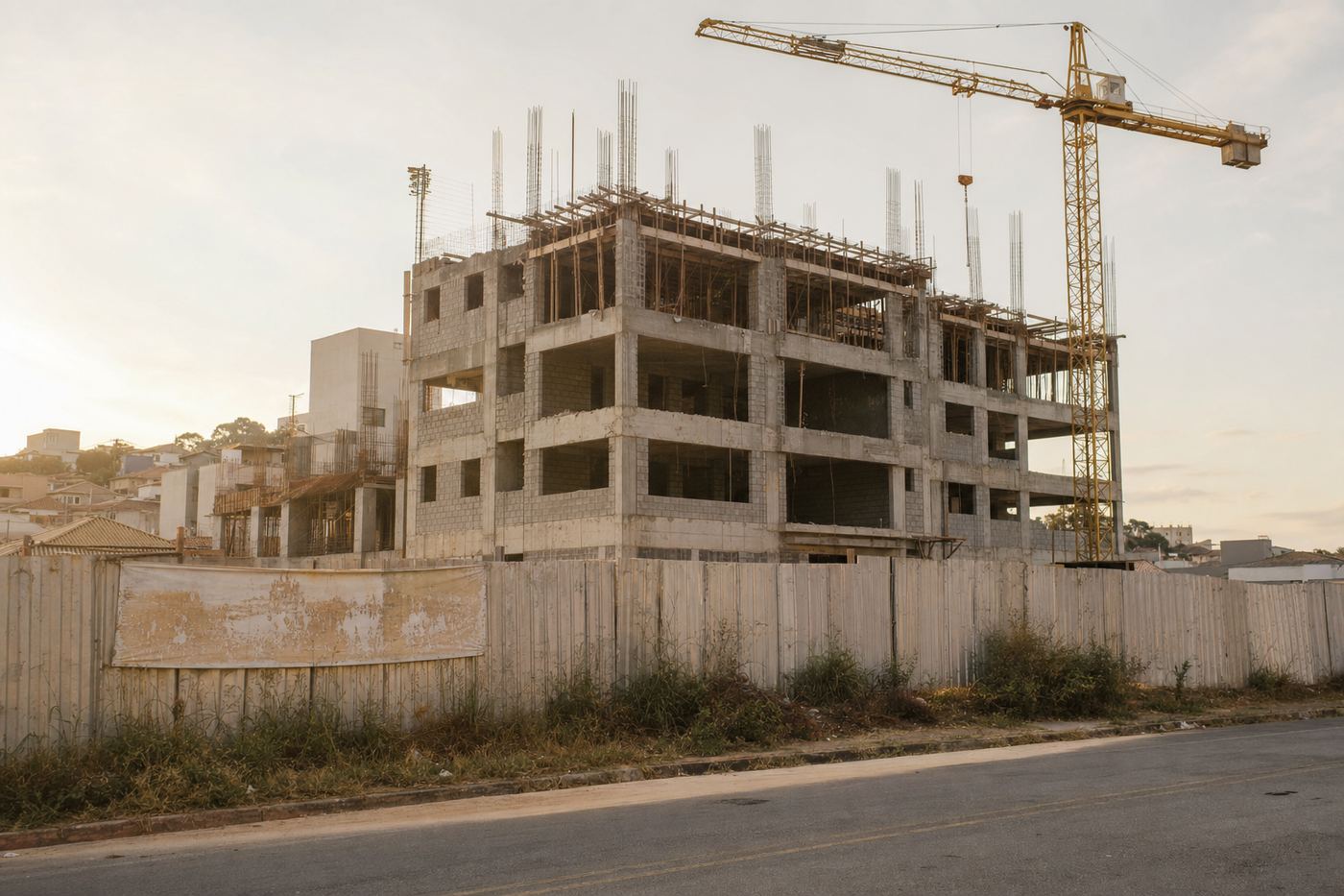 Prédio residencial inacabado, com guindaste parado e tapume